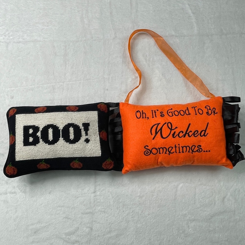 Halloween Decorative Pillow Set Boo Needlepoint & Wicked Hanging Sign 2pc